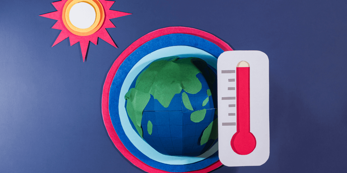 Illustration of Earth beside a red thermometer and sun symbol representing extreme global heat.