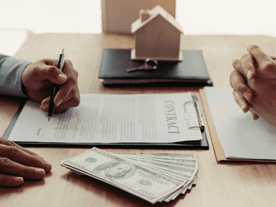 Person signs a home purchase contract with cash and a model house on the table.