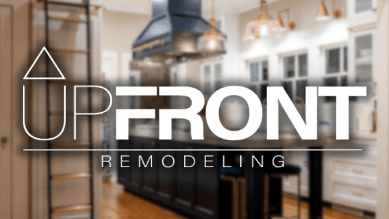 Upfront Remodeling logo over a beautifully renovated kitchen, reflecting professionalism and expertise in high-quality home remodeling services