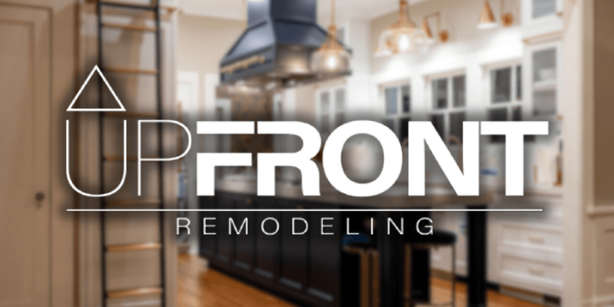Upfront Remodeling logo over a beautifully renovated kitchen, reflecting professionalism and expertise in high-quality home remodeling services
