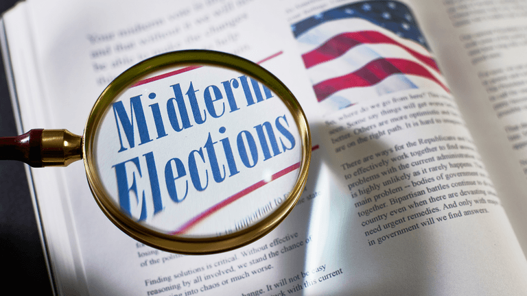Magnifying glass over a page featuring the words "Midterm Elections" and an American flag