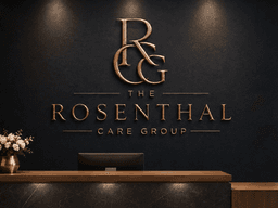 Modern reception area featuring the Rosenthal Care Group logo on a dark wall