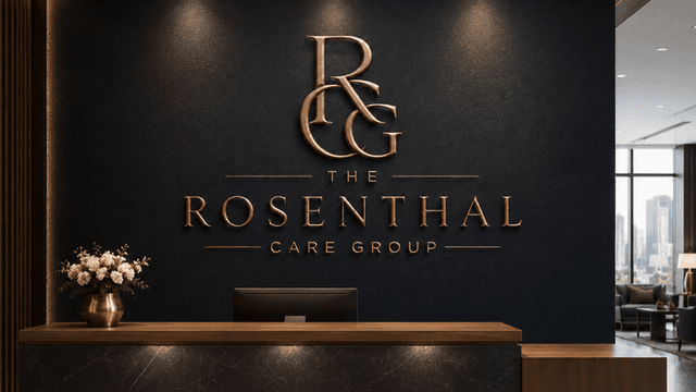 Modern reception area featuring the Rosenthal Care Group logo on a dark wall