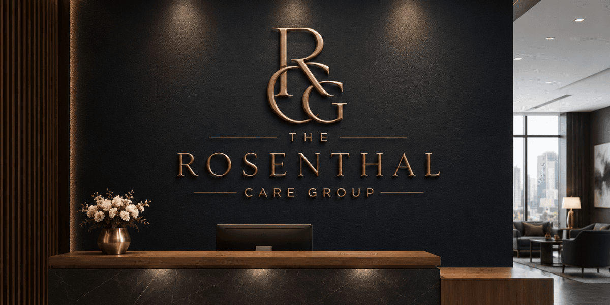 Modern reception area featuring the Rosenthal Care Group logo on a dark wall