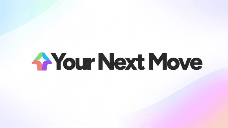 Logo of "Your Next Move" featuring colorful arrow and modern typography on a gradient background