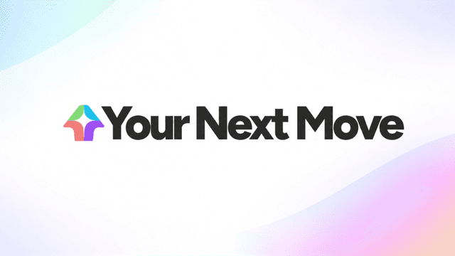 Logo of "Your Next Move" featuring colorful arrow and modern typography on a gradient background