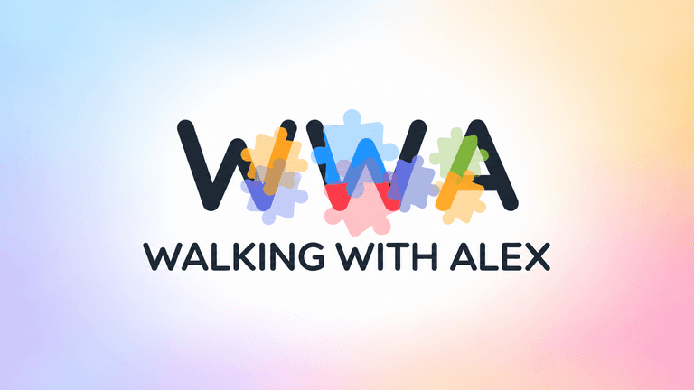 Colorful logo for "Walking With Alex" featuring letters WWA and puzzle pieces