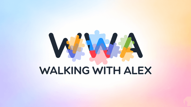 Colorful logo for "Walking With Alex" featuring letters WWA and puzzle pieces
