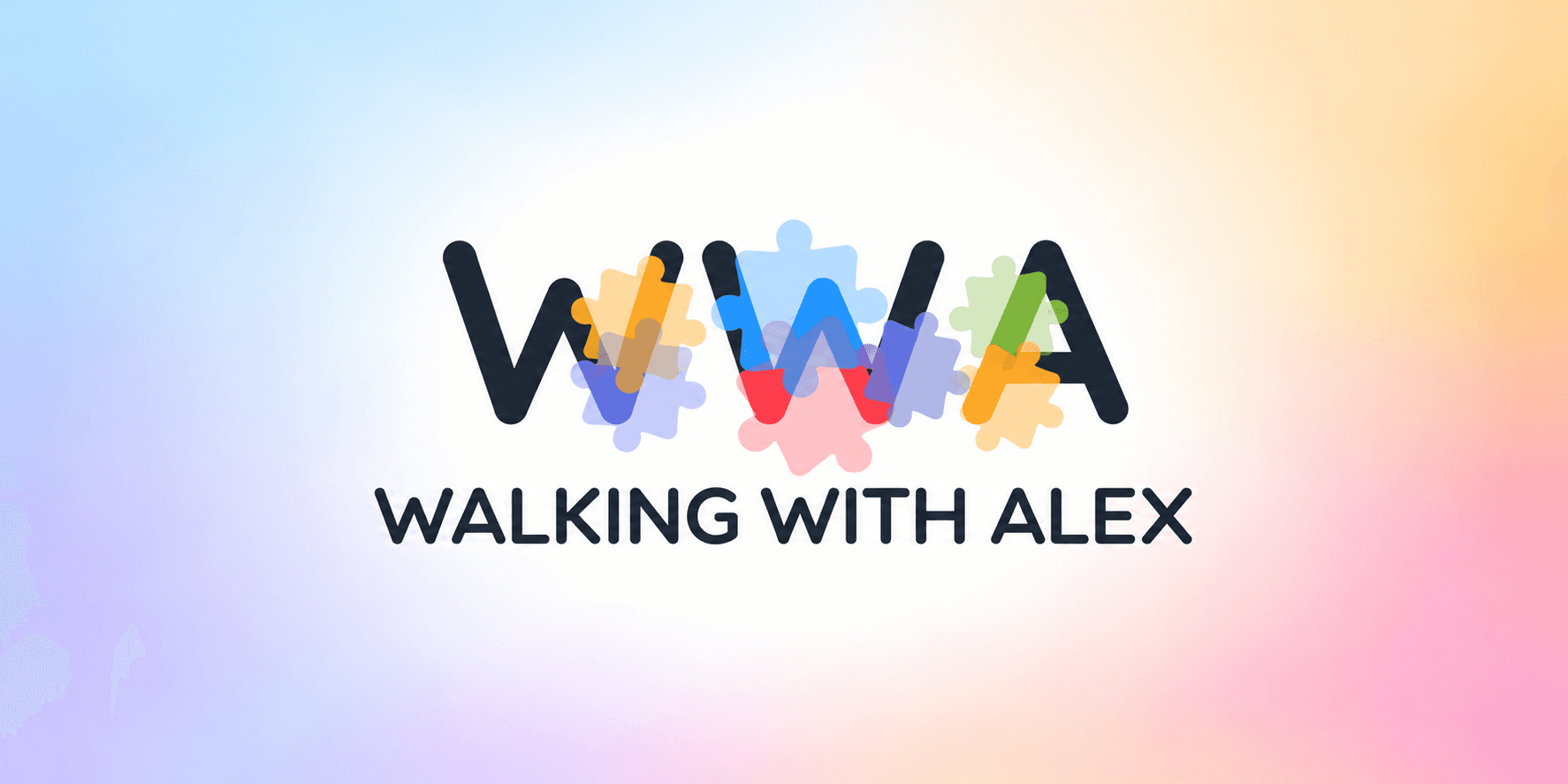 Colorful logo for "Walking With Alex" featuring letters WWA and puzzle pieces