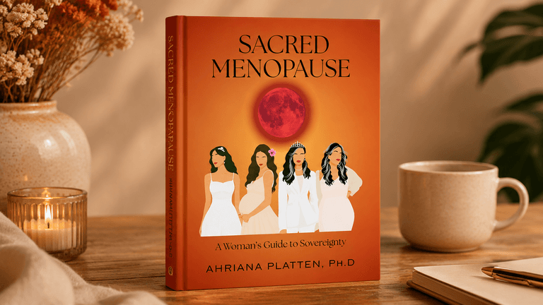 Book titled "Sacred Menopause" on a wooden table with a plant and coffee cup.