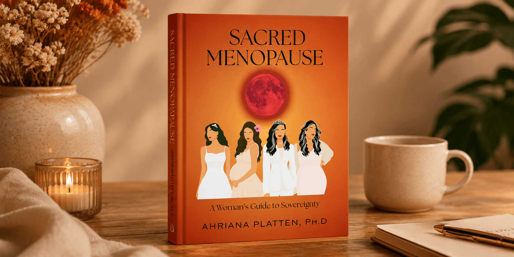 Book titled "Sacred Menopause" on a wooden table with a plant and coffee cup.