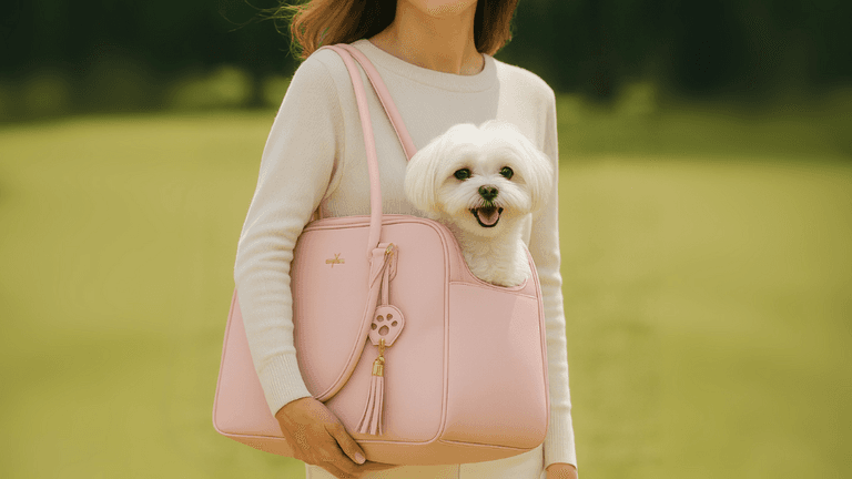 "Stylish pink dog carrier for travel, combining comfort, safety, and fashion for adventurous pet owners with YappyBoo."