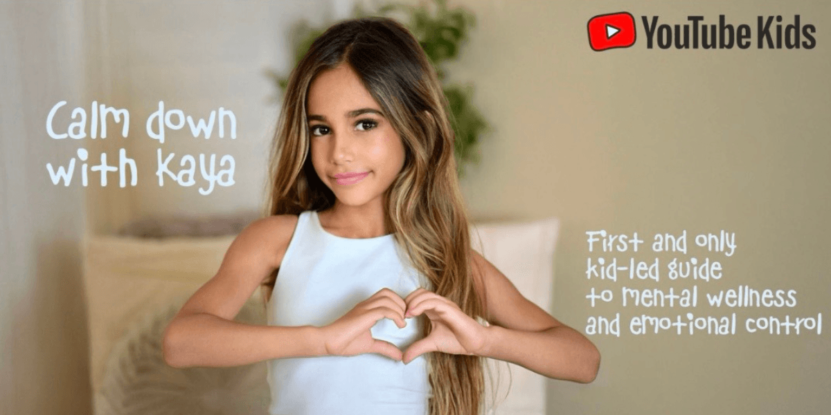Kaya making a heart shape with her hands beside text promoting her YouTube Kids mental wellness channel.