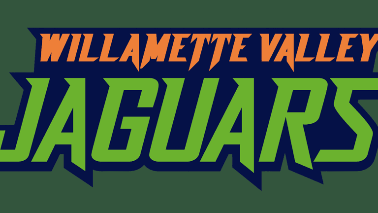 Willamette Valley Jaguars team logo with bold orange 'Willamette Valley' text above the stylized green and blue 'JAGUARS' lettering, designed with sharp angles and athletic font.