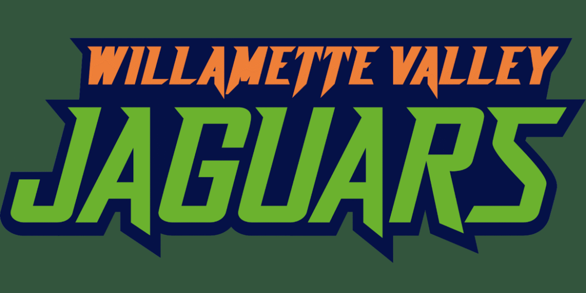 Willamette Valley Jaguars team logo with bold orange 'Willamette Valley' text above the stylized green and blue 'JAGUARS' lettering, designed with sharp angles and athletic font.