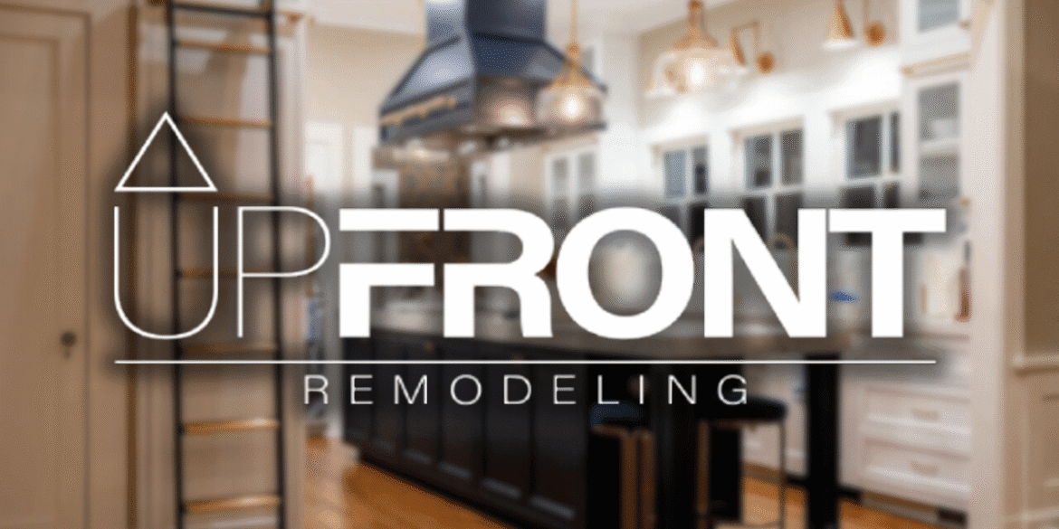 Upfront Remodeling logo over a beautifully renovated kitchen, reflecting professionalism and expertise in high-quality home remodeling services
