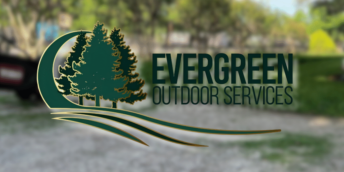"Evergreen Outdoor Services logo displayed over a blurred outdoor scene, emphasizing quality landscaping and concrete services in Houston."