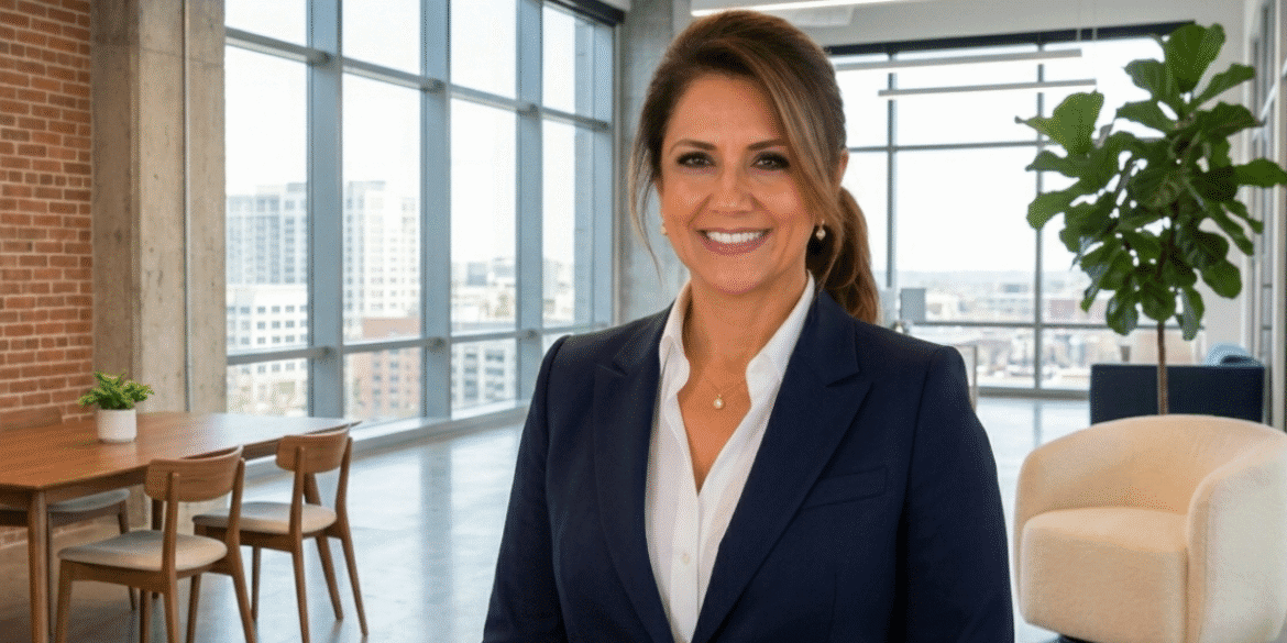 Professional woman smiling in a modern office with city skyline background.