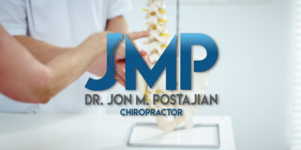 Dr. Jon Postajian chiropractic clinic logo over practitioner examining a spine model during patient consultation.