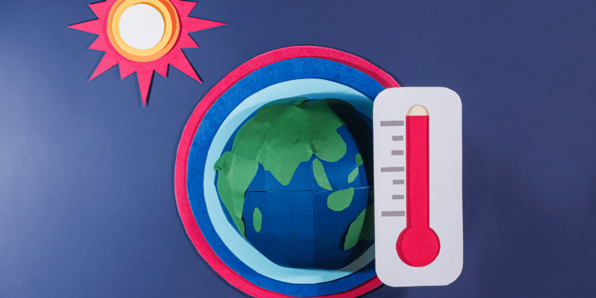 Illustration of Earth beside a red thermometer and sun symbol representing extreme global heat.