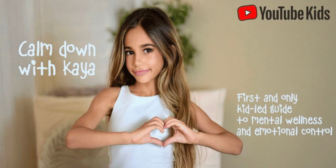 Kaya making a heart shape with her hands beside text promoting her YouTube Kids mental wellness channel.