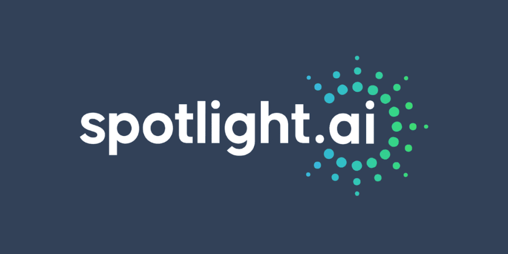 spotlight.ai white wordmark with blue and green dot pattern on a dark blue background.