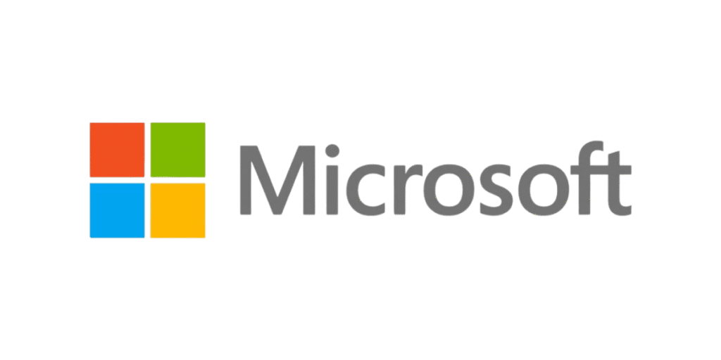 Microsoft logo with four colored squares and gray wordmark on a white background.
