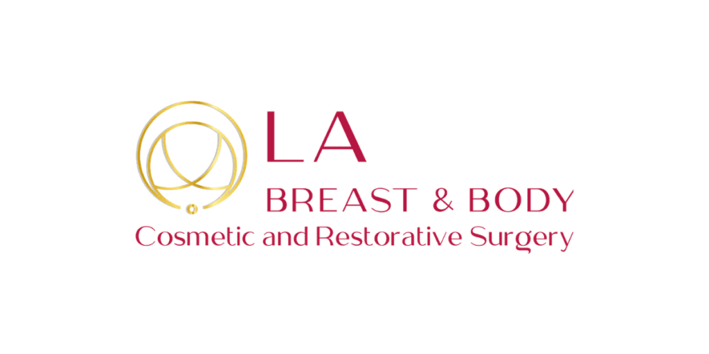 LA Breast & Body logo with gold emblem and red Cosmetic and Restorative Surgery lettering.