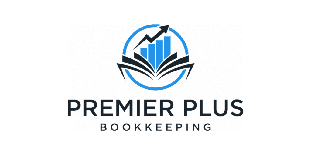 Premier Plus Bookkeeping logo featuring an open book, blue bar chart, and upward arrow.